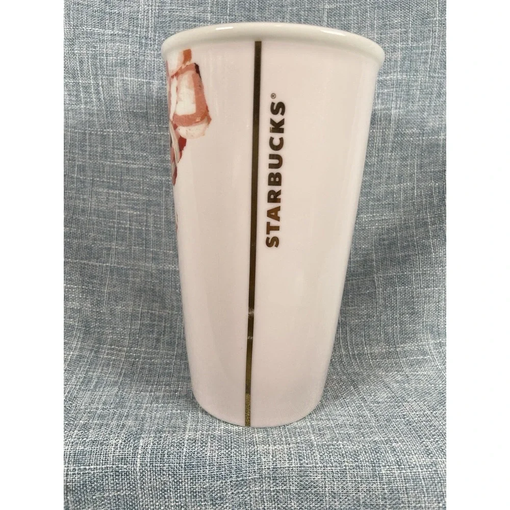 Starbucks 2015 Ceramic Travel Mug Tumbler Floral Poppy 10 oz. Black Plastic Lid